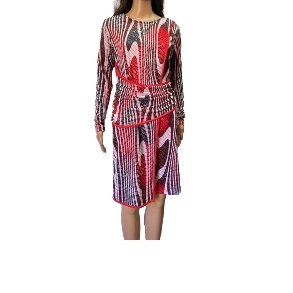 Vintage Abstract Asymmetrical Dress Red Orange White Grey Size Medium